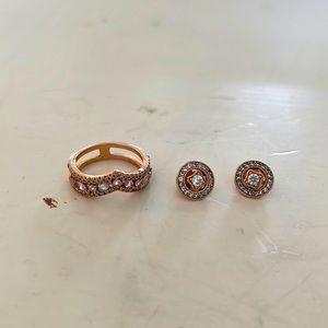 Pair of sparkling double halo stud earrings princess wishbone ring